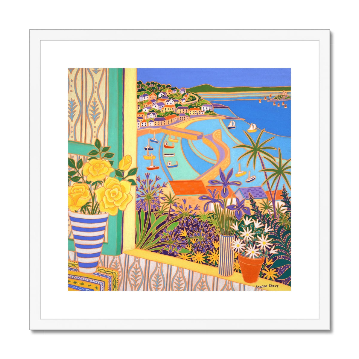 Joanne Short Framed Open Edition Coastal Cornish Still Life Fine Art Print. 'Roses in the Window, Mousehole'. Cornwall Art Gallery