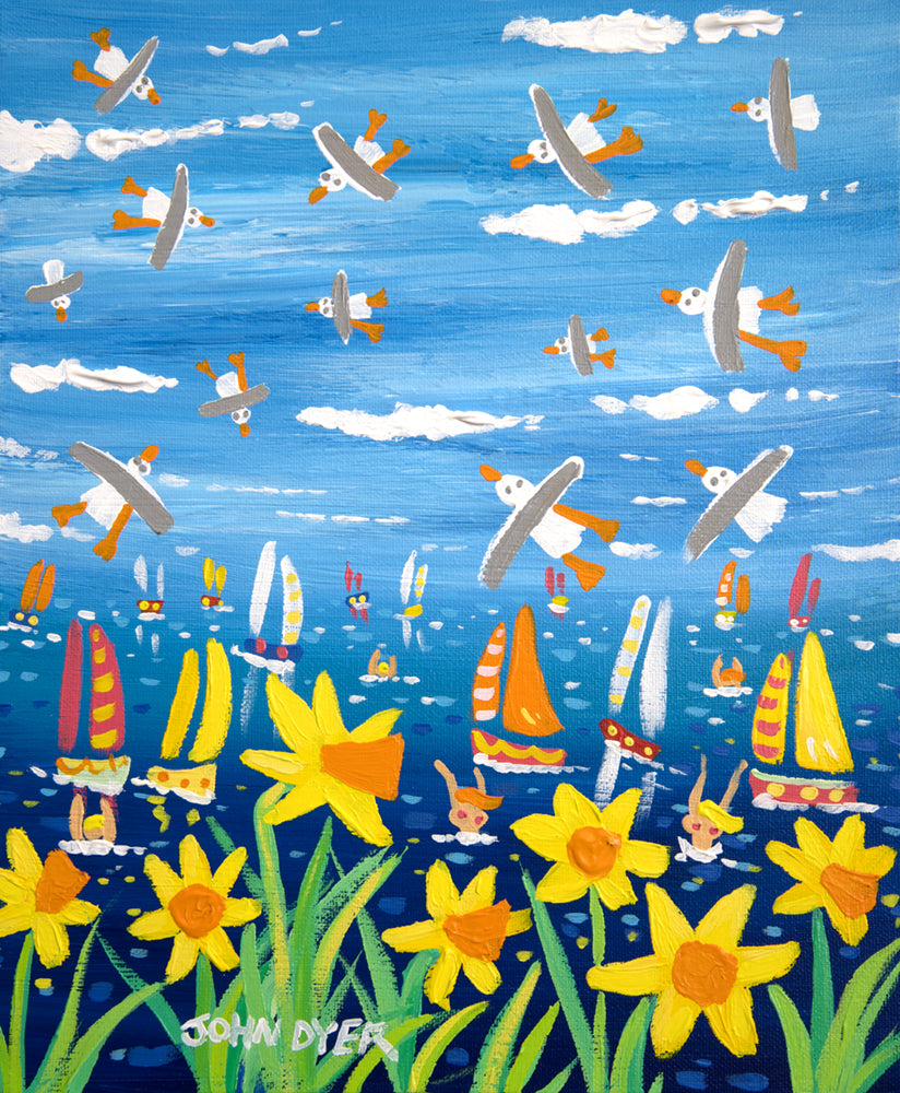 John Dyer Painting. Springtime Cornish Seagulls and Daffodils