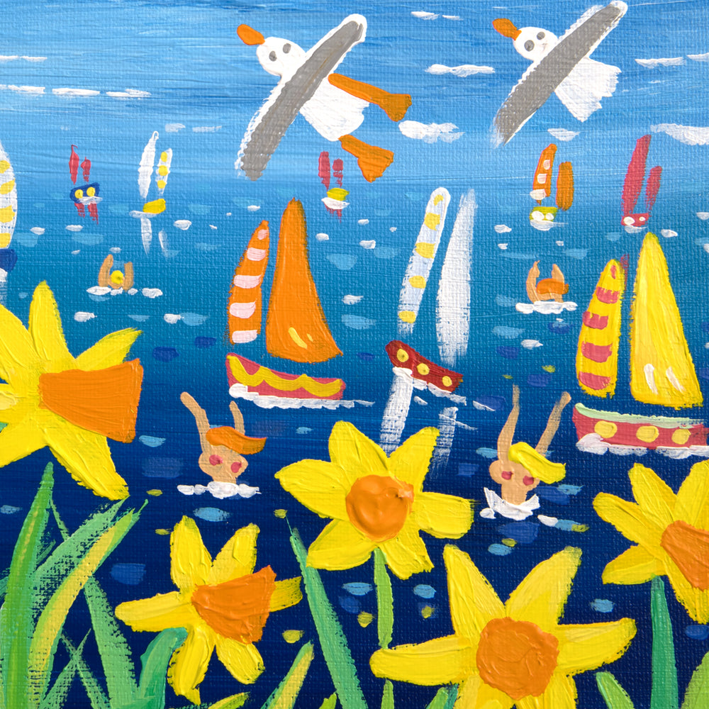 John Dyer Painting. Springtime Cornish Seagulls and Daffodils