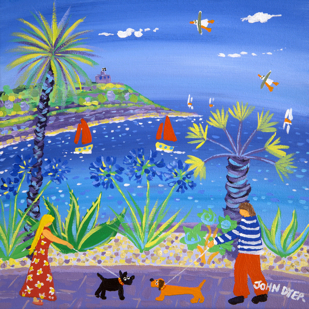 John Dyer Painting. Love at first sight, Falmouth. Sausage dog and scotty dog walking