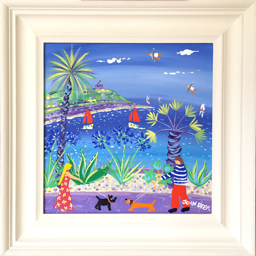 John Dyer Painting. Love at first sight, Falmouth. Sausage dog and scotty dog walking