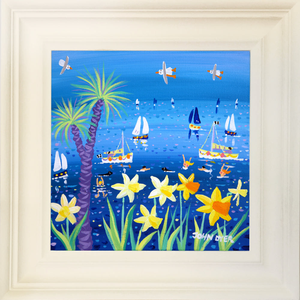 John Dyer Painting. Spring Dippers. Daffodils and swimmers in Cornwall