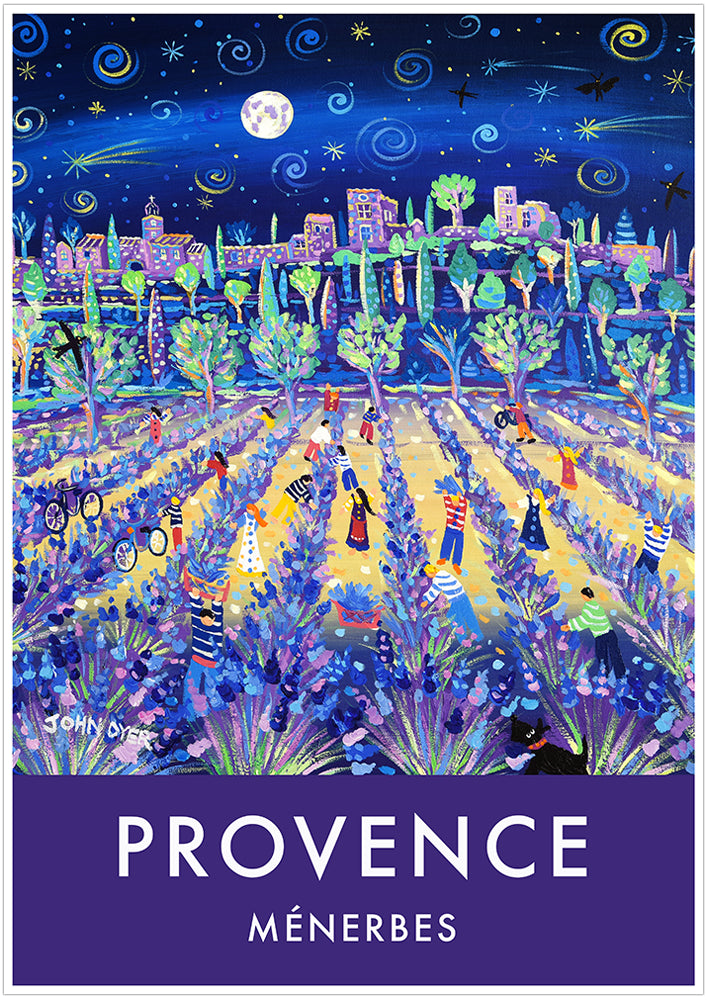 This John Dyer vintage style art poster print of the lavender harvest features the Provençal village of Ménerbes in the Luberon region of Provence in the south of France. A full moon illuminates the scene. Shooting stars fly through the sky and people gather the lavender in baskets ready for the market. A fabulous John Dyer poster print that is available framed or unframed in a variety of sizes.
