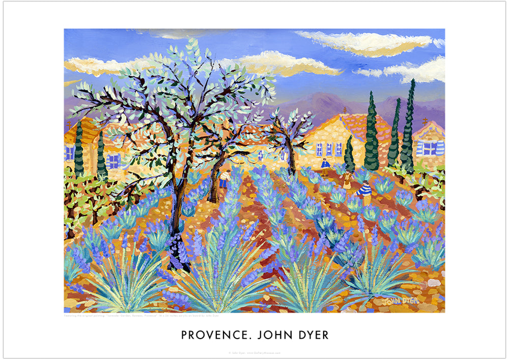 The lavender harvest in Provence is a wonderful sight with lines of blue flowers carpeting the landscape. The classic wall art poster print by artist John Dyer features his painting of the lavender harvest in Rasteau, Provence. Olive trees and pencil pines are feature in the image and the Dentelles de Montmirail mountains can be seen in the far distance.