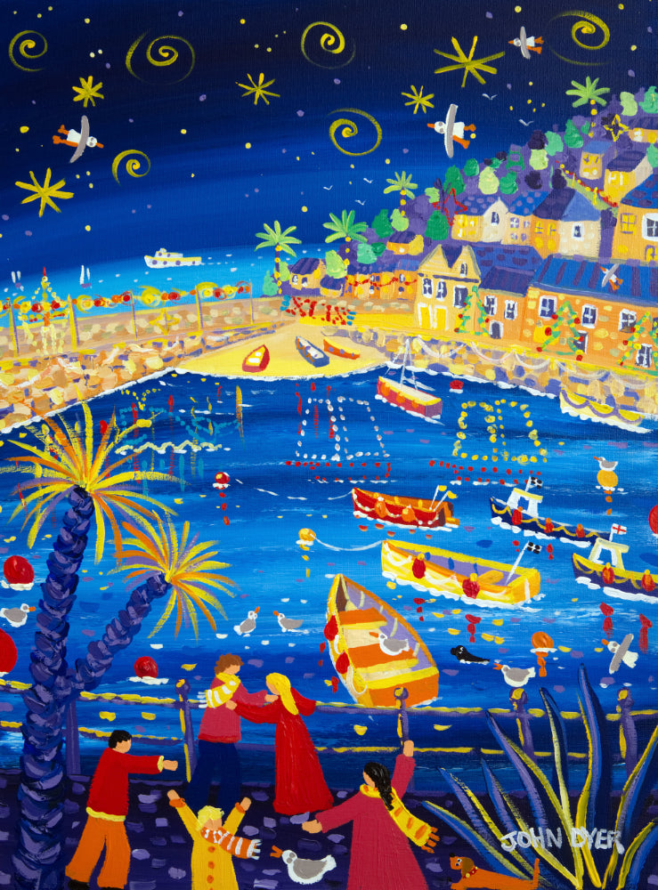 John Dyer Painting. Twinkling lights, Mousehole Harbour