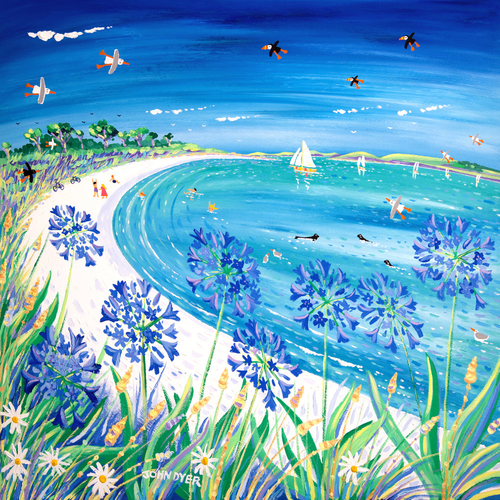 Original Painting by John Dyer. Blue Agapanthus and Sparkling Sand, Pentle Bay, Tresco