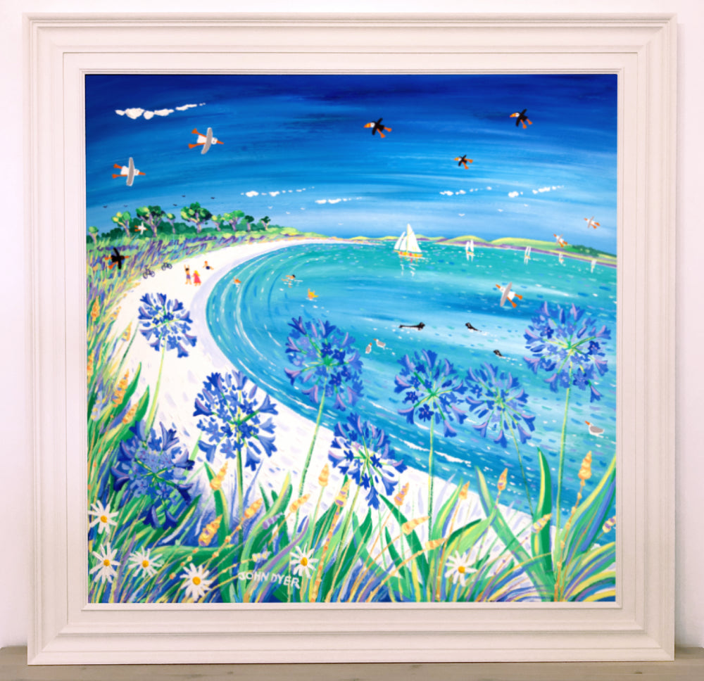Original Painting by John Dyer. Blue Agapanthus and Sparkling Sand, Pentle Bay, Tresco
