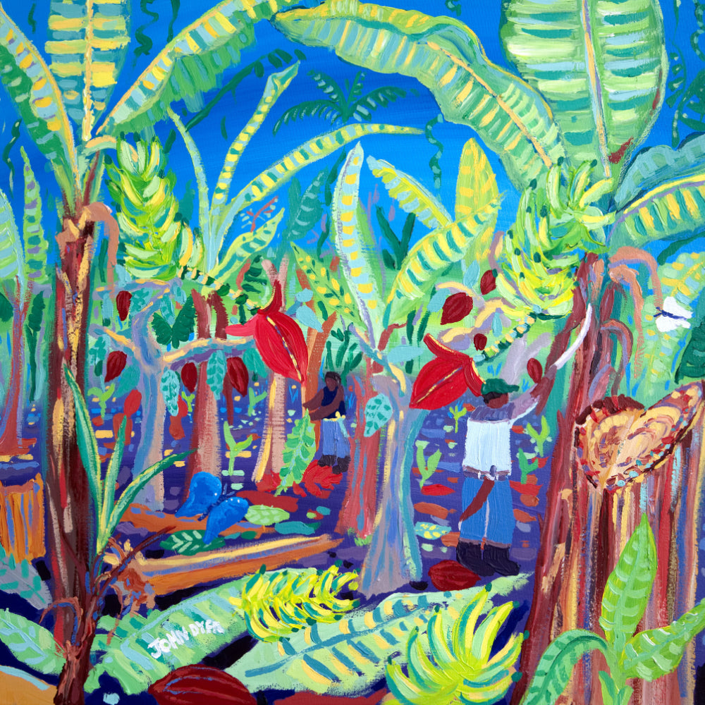 John Dyer Painting. &#39;Intercropping and Chopping, Costa Rica Bananas and Chocolate Trees&#39;, Caribbean Art Gallery