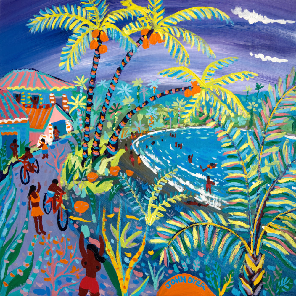 John Dyer Painting. 'Swaying Caribbean Coconuts, Costa Rica'. Caribbean Art.