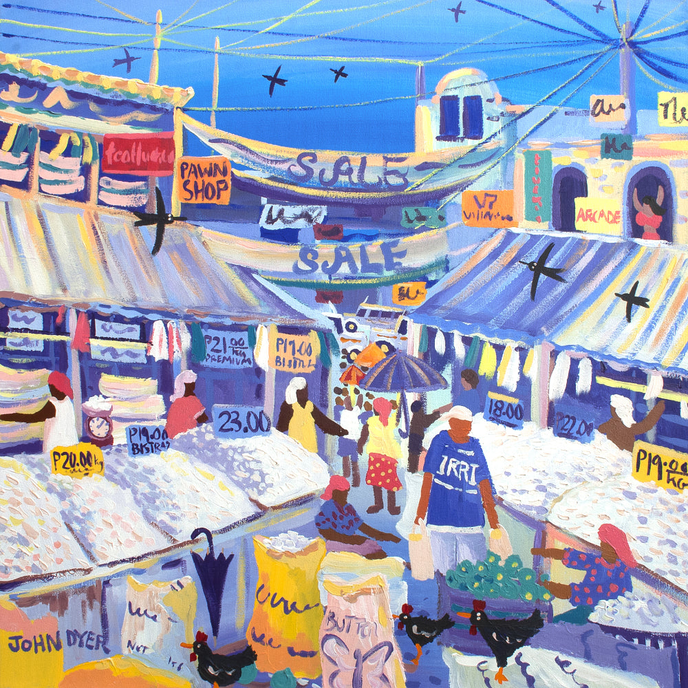 'The Rice Market, Los Baños, the Philippines'. 24x24 inches acrylic on canvas. Paintings of Philippines by John Dyer from our Online Art Gallery