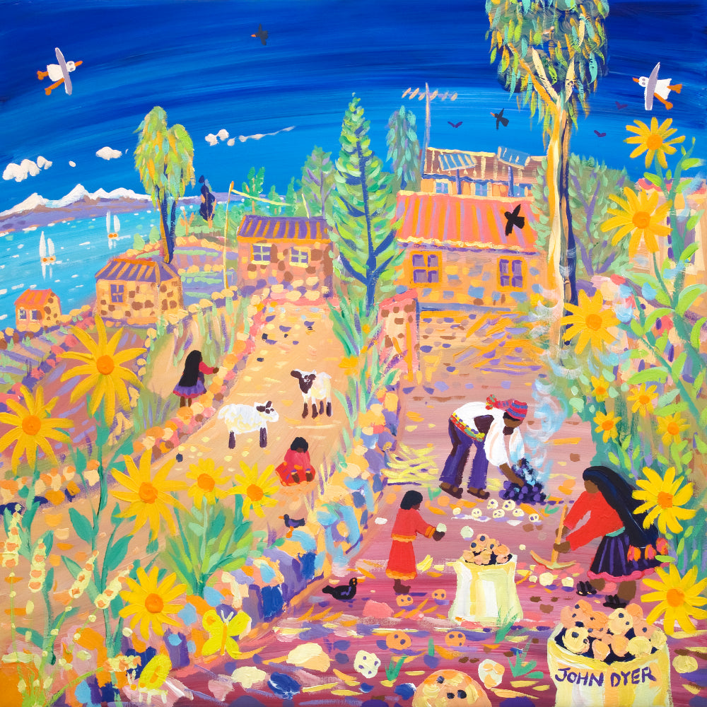 John Dyer Painting. Family Harvest, Isla Taquile, Peru