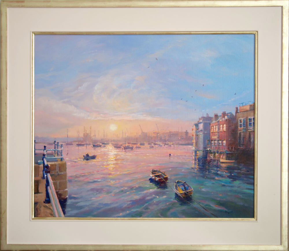 Ted Dyer Oil Painting. Sunrise over the Prince of Wales Pier, Falmouth . 20 x 24 inches, oil on canvas