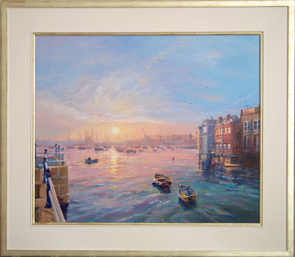 A stunning oil painting capturing the sunrise across Falmouth Harbour from the Prince of Wales Pier. This accomplished oil painting by Cornwall's leading impressionist artist is filled with subtle tone and colour. Seagulls fly across the warm sky and the artist has captured the movement and colour of the water perfectly. A collector's piece.