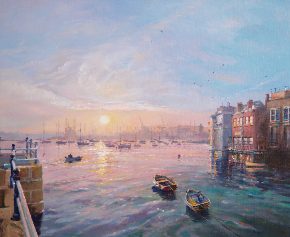 A stunning oil painting capturing the sunrise across Falmouth Harbour from the Prince of Wales Pier. This accomplished oil painting by Cornwall's leading impressionist artist is filled with subtle tone and colour. Seagulls fly across the warm sky and the artist has captured the movement and colour of the water perfectly. A collector's piece.