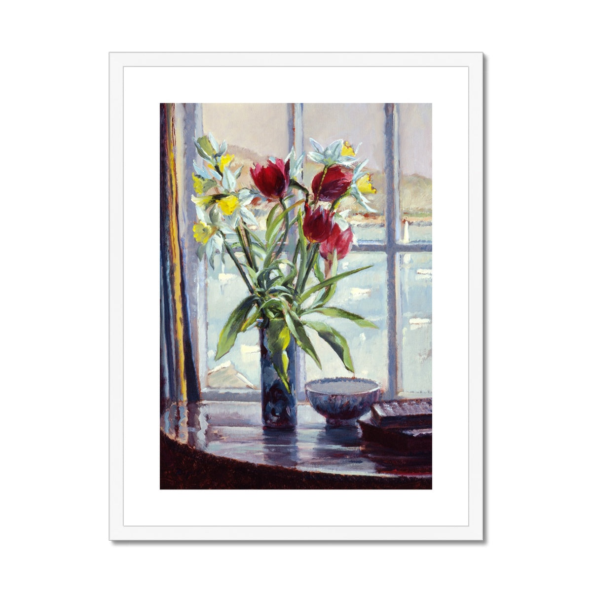 Ted Dyer Framed Open Edition Cornish Fine Art Print. 'Daffodils and Tulips in a Vase, Still Life'. Cornwall Art Gallery