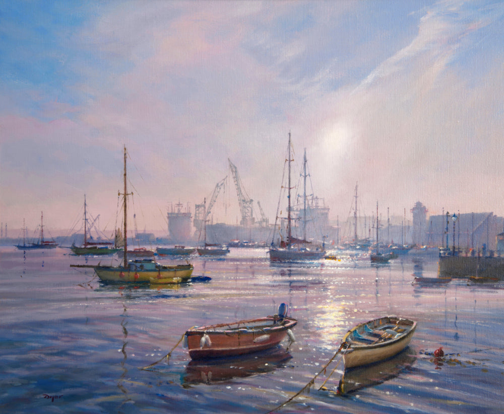 Ted Dyer Oil Painting. Early Morning Calm, Falmouth Harbour