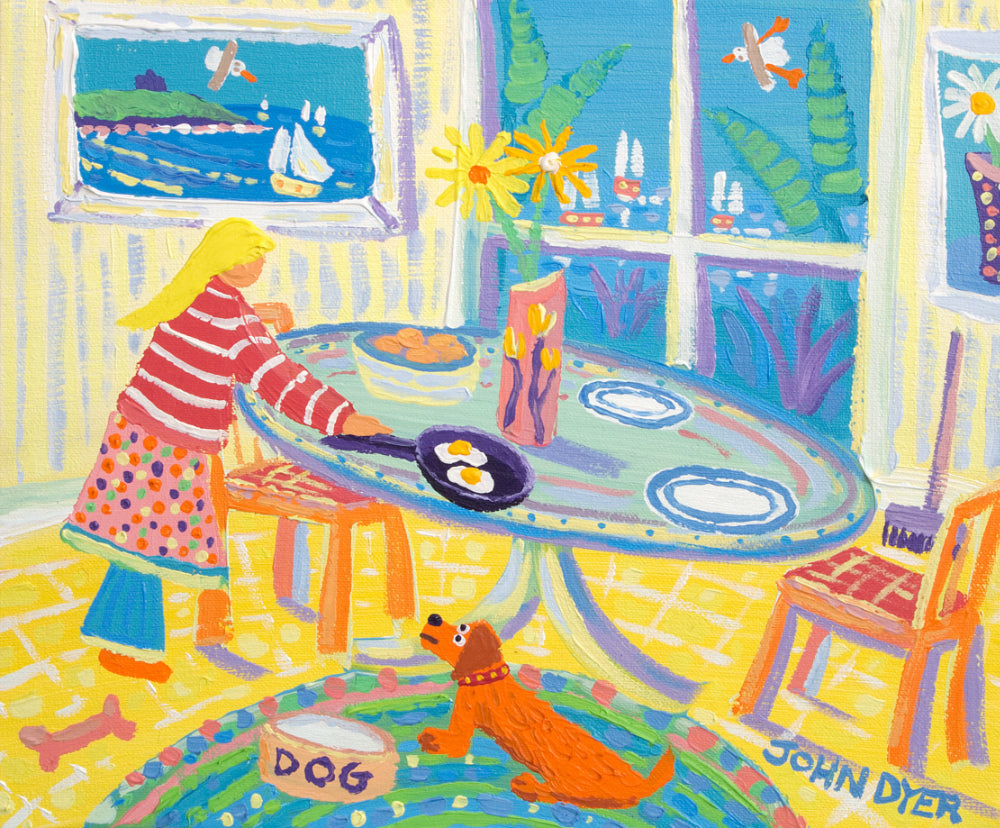 A sausage dog gazes at two fried eggs being cooked for supper. A wonderful art print by Cornish artist John Dyer. Dachsund dog.