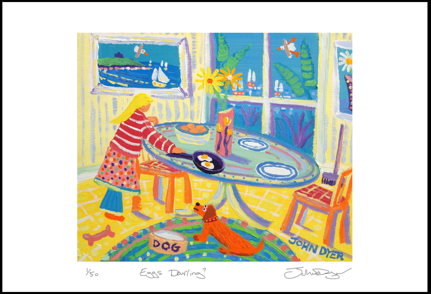 A sausage dog gazes at two fried eggs being cooked for supper. A wonderful art print by Cornish artist John Dyer. Dachsund dog.