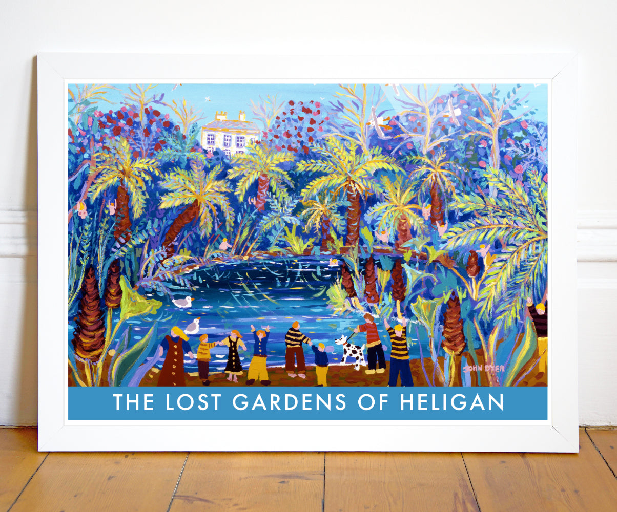Wall Art Poster Print of John Dyer's fabulous painting of the Lost Gardens of Heligan features giant gunnera, tree ferns, and palms in the jungle garden. Wonderful brushstrokes and create the reflections in the pond and families enjoy the wonder of this magical place. A great painting by artist John Dyer and beautifully presented on this vintage style poster.