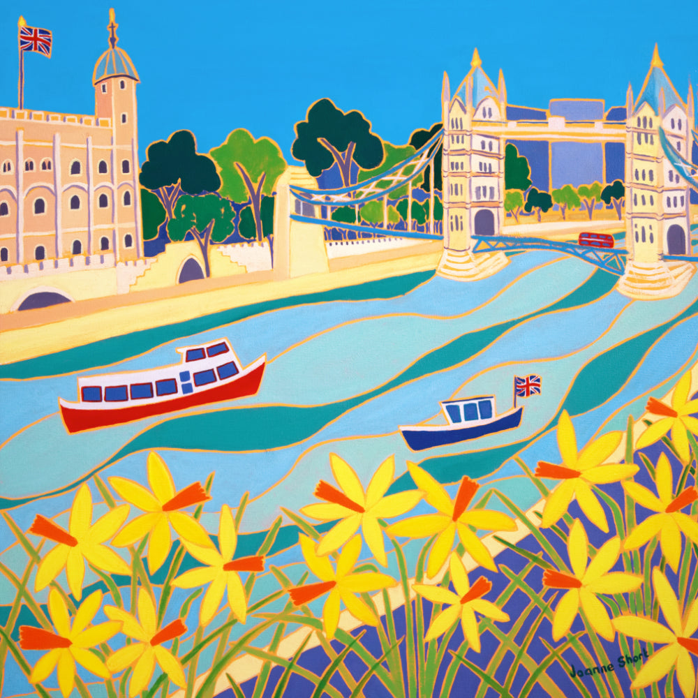Original Painting by Joanne Short. River Boats and Daffodils, Tower Bridge, London