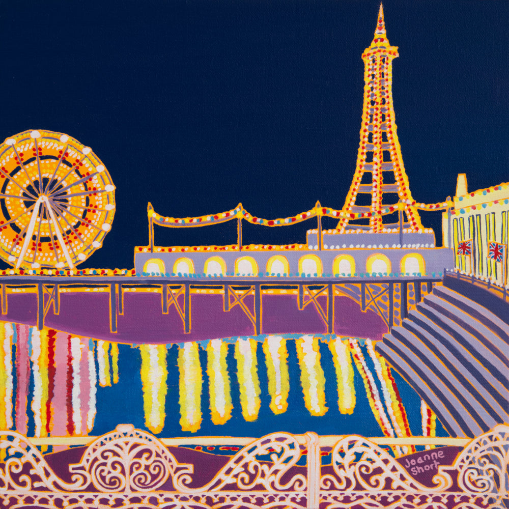 Painting by Joanne Short. Illuminated Blackpool. Tower ballroom, big wheel, pier.