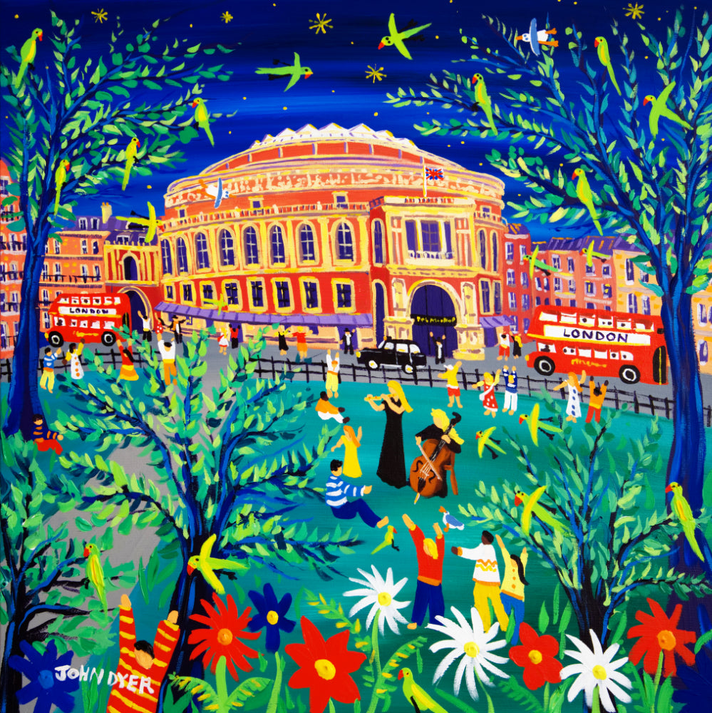 John Dyer Painting. Performing to the Parrots in the Park, Royal Albert Hall, London. Cello and flute music
