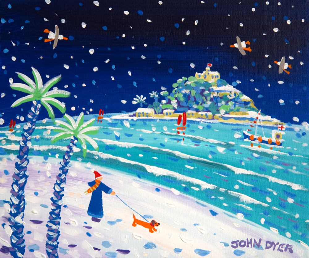 John Dyer Painting. Snowy Sausage Dog Walkies St Michael's Mount