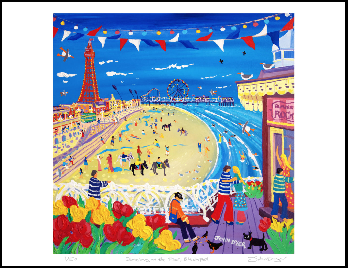 Limited Edition Print by John Dyer. 'Dancing on the Pier, Blackpool'. Gallery Print of Blackpool Pier with the Blackpool Tower and big wheel on the pier.