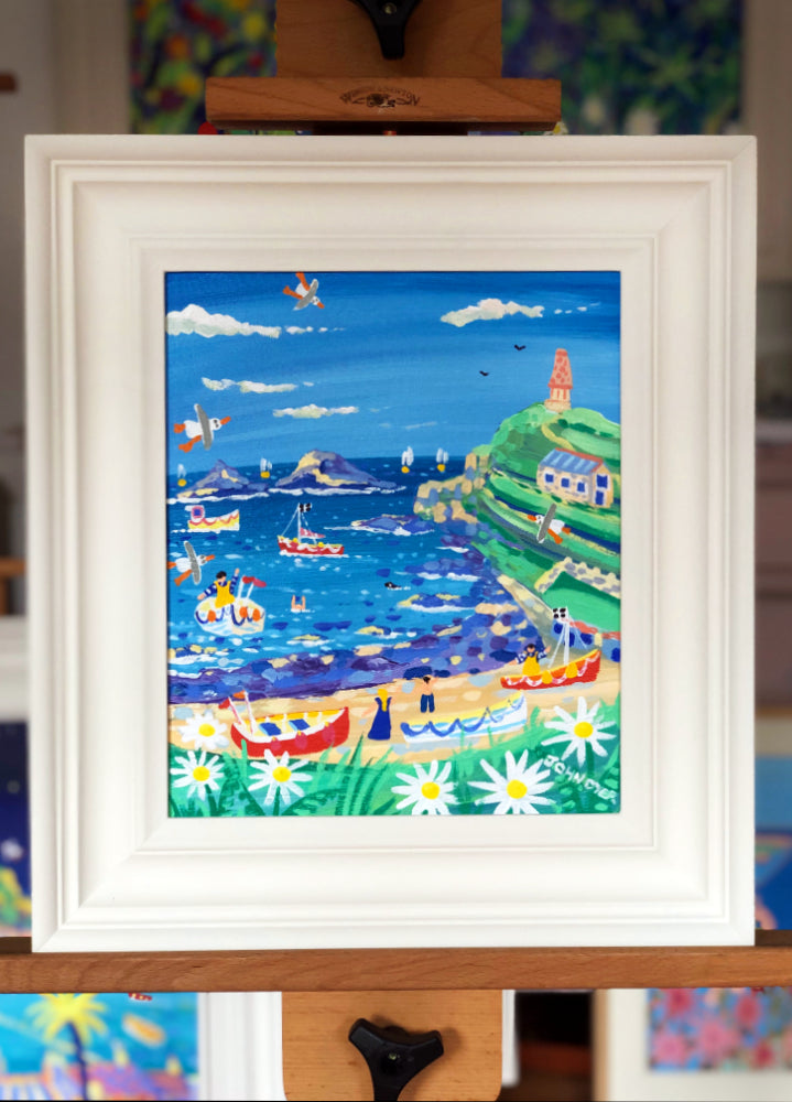 John Dyer Painting. Blue sea and fishing Boats, Cape Cornwall.