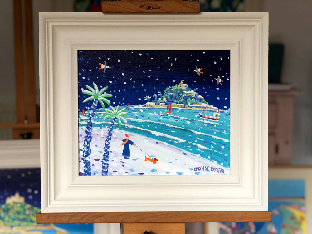 John Dyer Painting. Snowy Sausage Dog Walkies St Michael's Mount