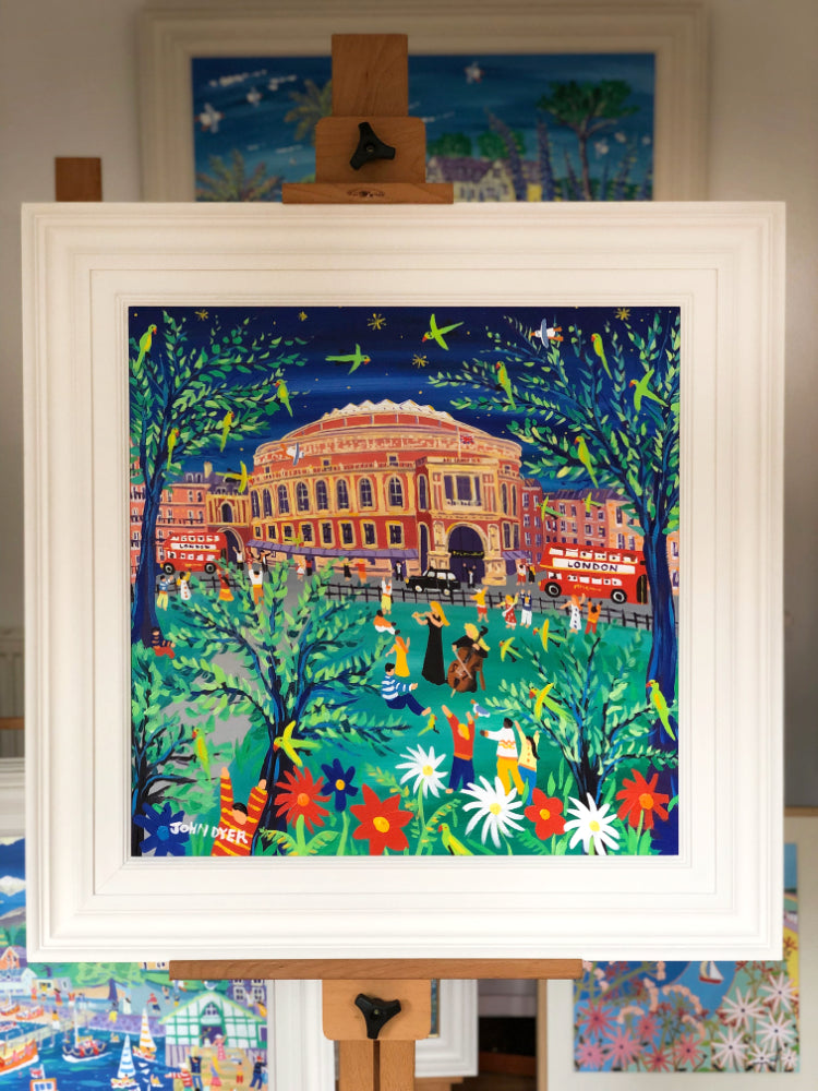 John Dyer Painting. Performing to the Parrots in the Park, Royal Albert Hall, London
