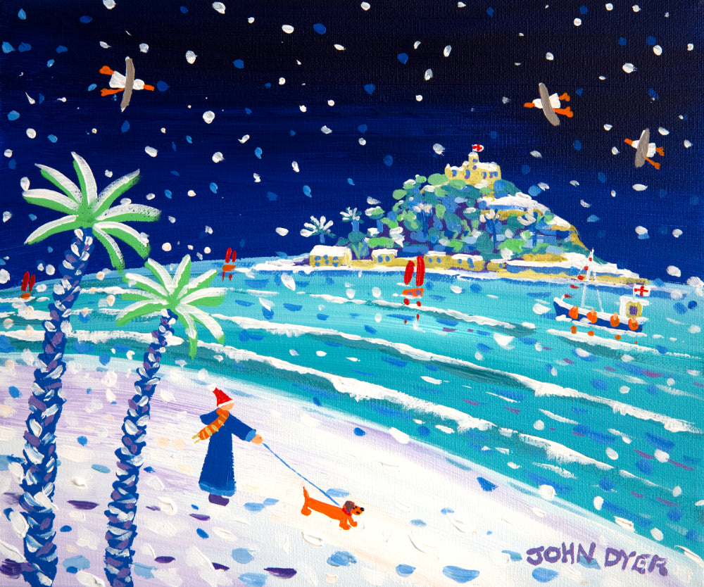 Limited Edition Print by Cornish Artist John Dyer. 'Snowy Sausage Dog Walkies, St Michael's Mount'. Cornwall Art Gallery