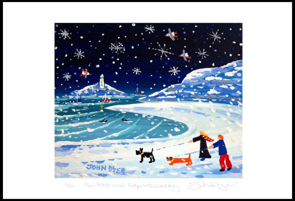 Limited Edition Print by Cornish Artist John Dyer. 'Pawprints and Footprints, Godrevy Lighthouse'. Cornwall Art Gallery Print