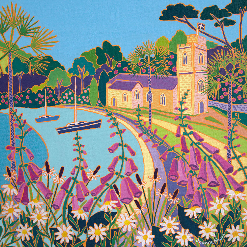 Joanne Short Painting. Spring Flowers at High Tide, St Just in Roseland