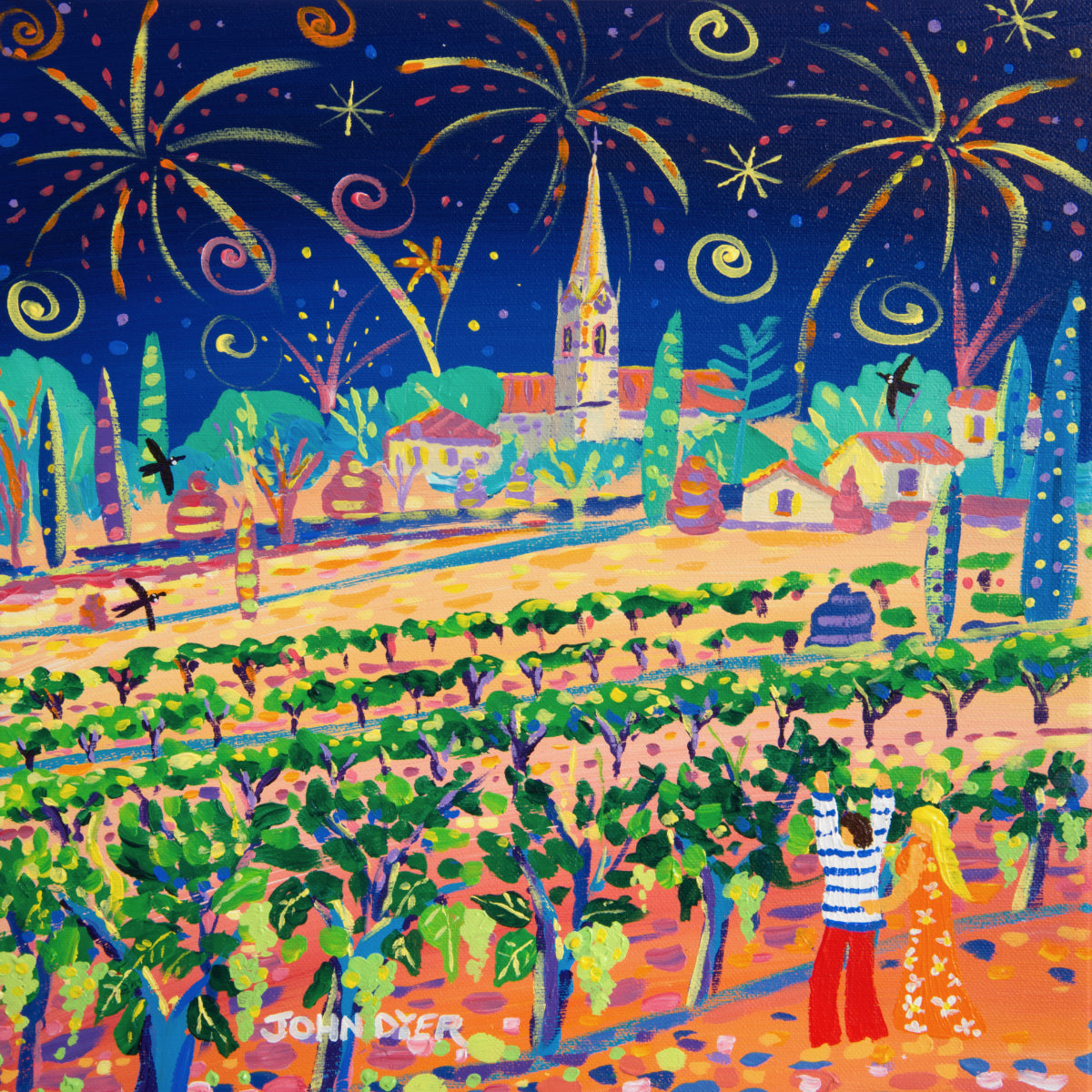 John Dyer Painting. Fireworks over the Vines, Fête de la Provence, Villars