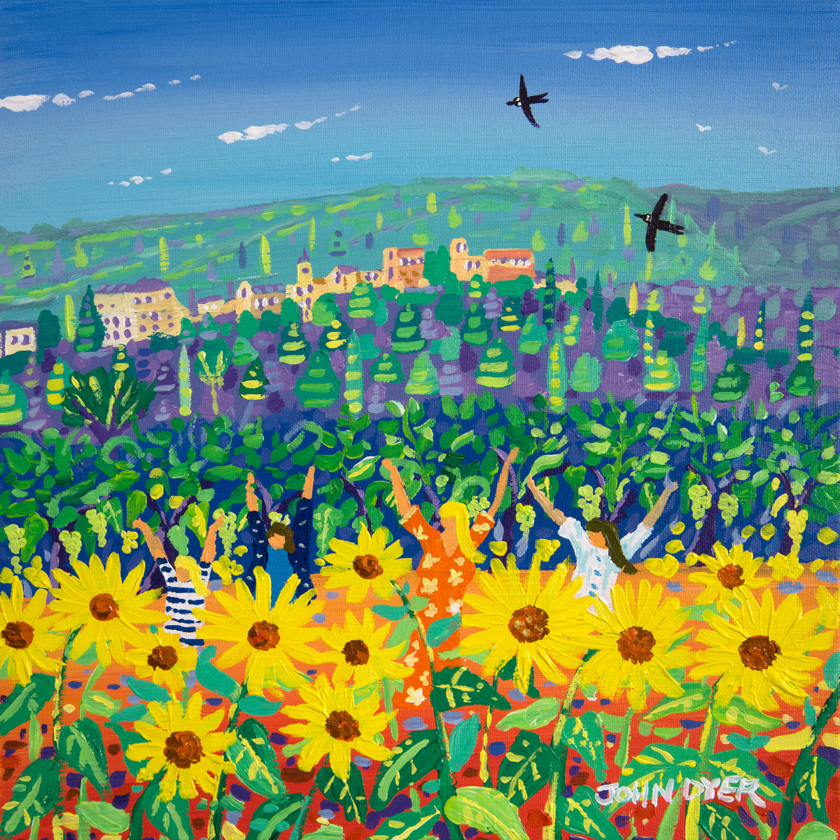 John Dyer Painting. Jumping in the Sunflowers, Ménerbes, Provence