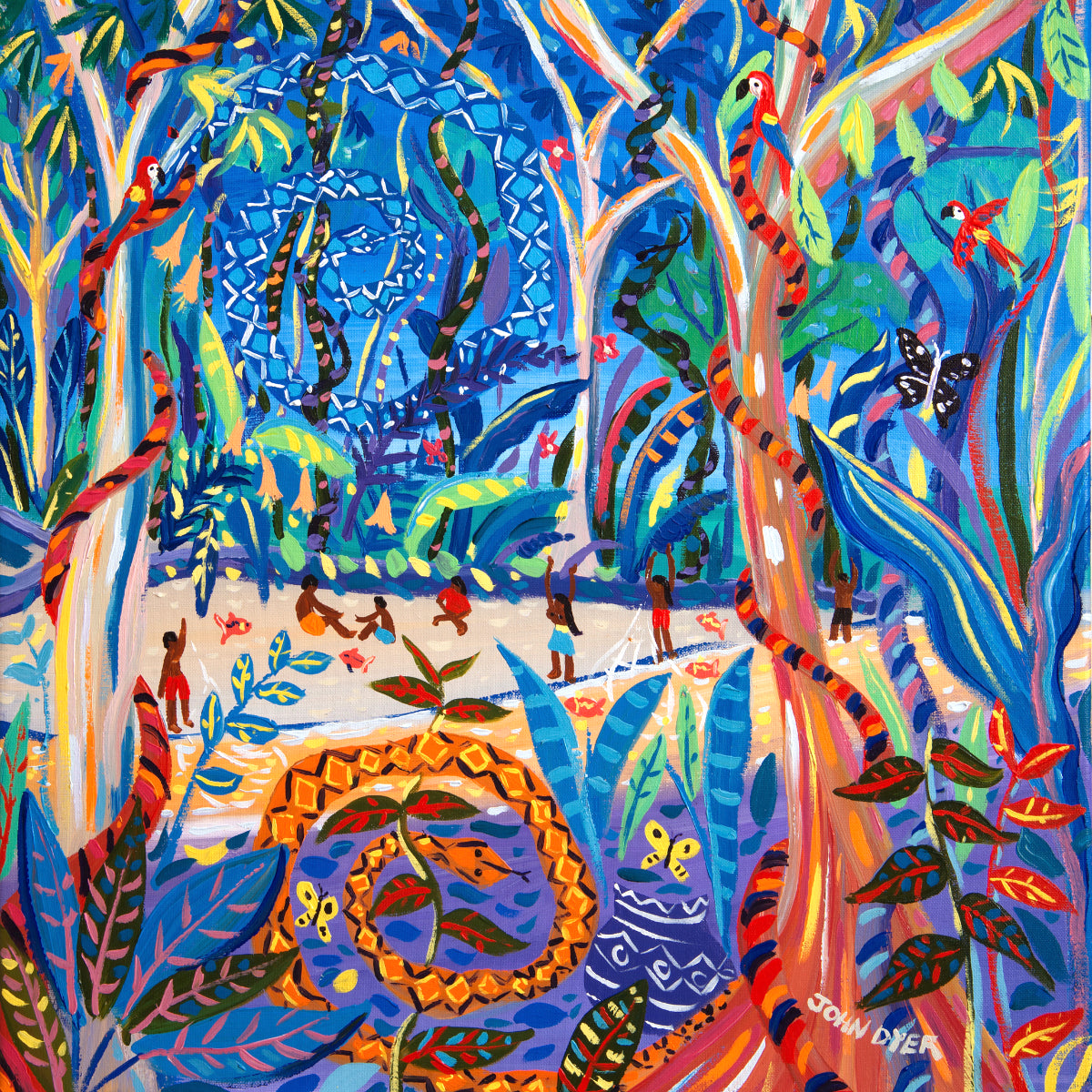 John Dyer Painting. The Sky Snake Ashuinka and Ground Snake Runua, Amazon Rainforest