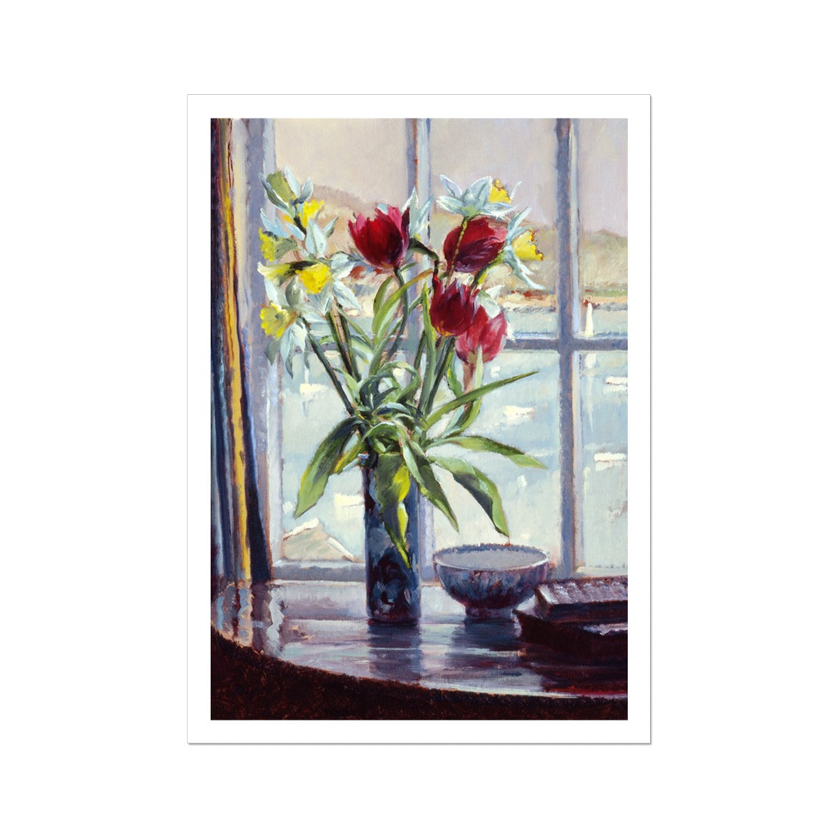 Ted Dyer Fine Art Print. Open Edition Cornish Art Print. 'Daffodils and Tulips in a Vase, Still Life'. Cornwall Art Gallery