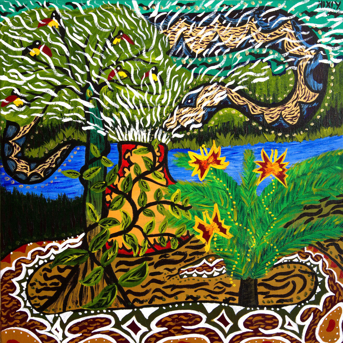 Nixiwaka Yawanawá Painting. The Sky Snake Ashuinka and Ground Snake Runua, Amazon Rainforest