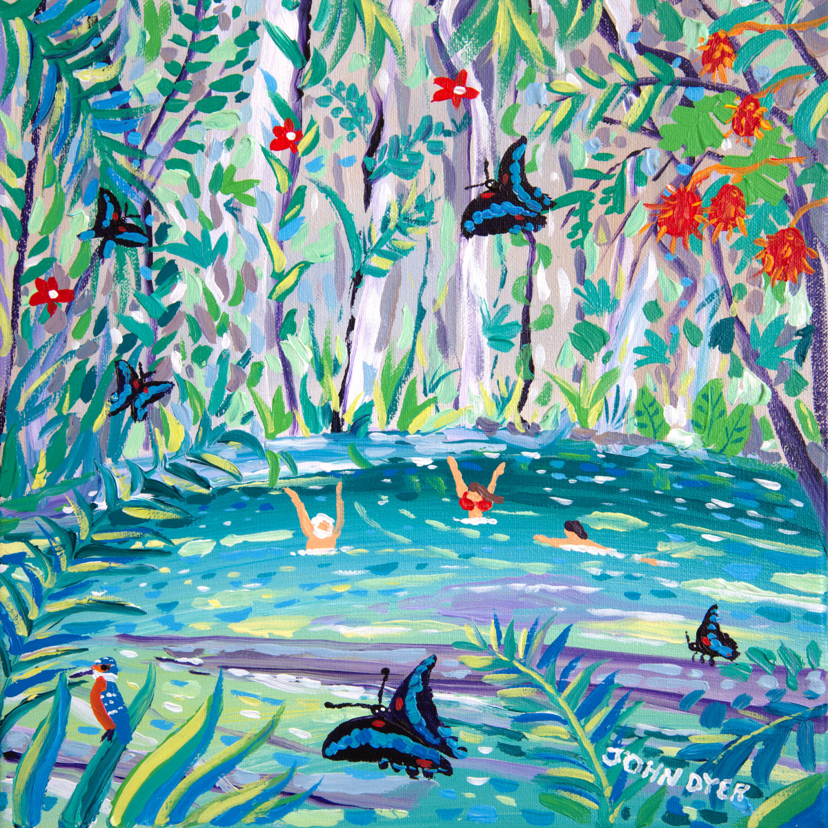 John Dyer Painting. Clearwater Cave Swimmers, Mulu, Borneo