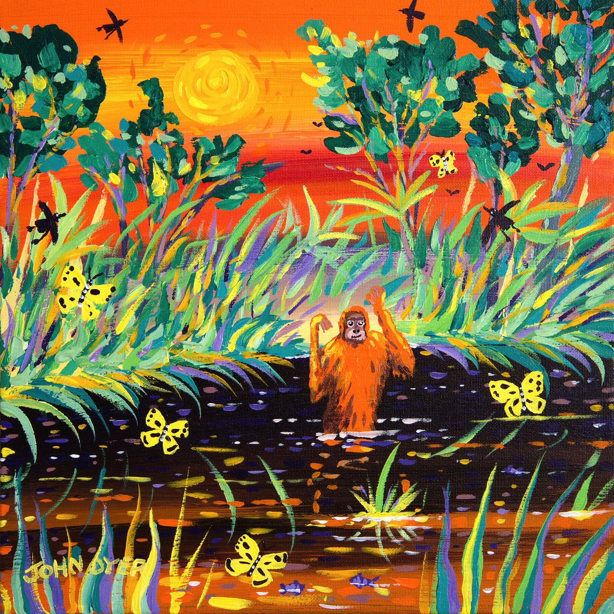John Dyer Painting. Orangutan Sunset, Borneo. Orangutan wades across a river in the rainforest of Borneo.