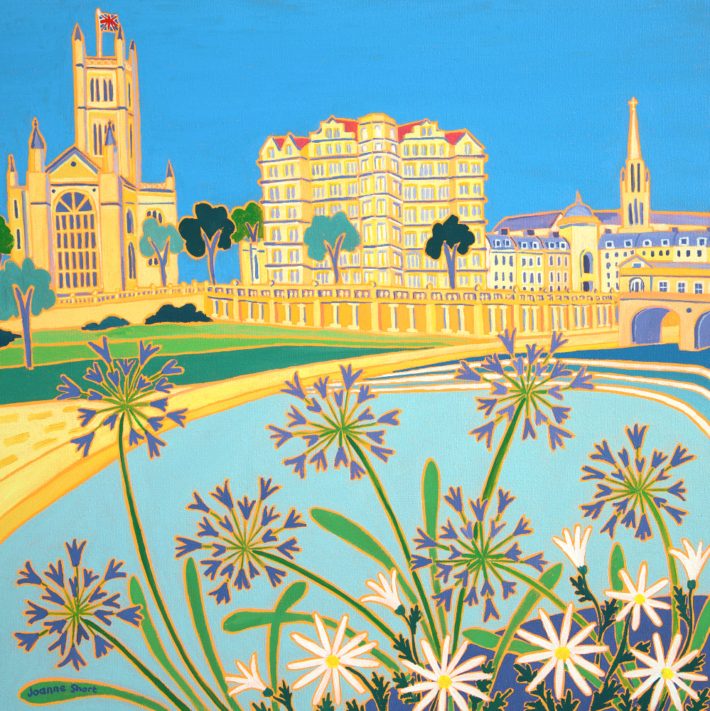 Joanne Short Painting. Riverside Agapanthus, Bath. 18 x 18 inches oil on canvas