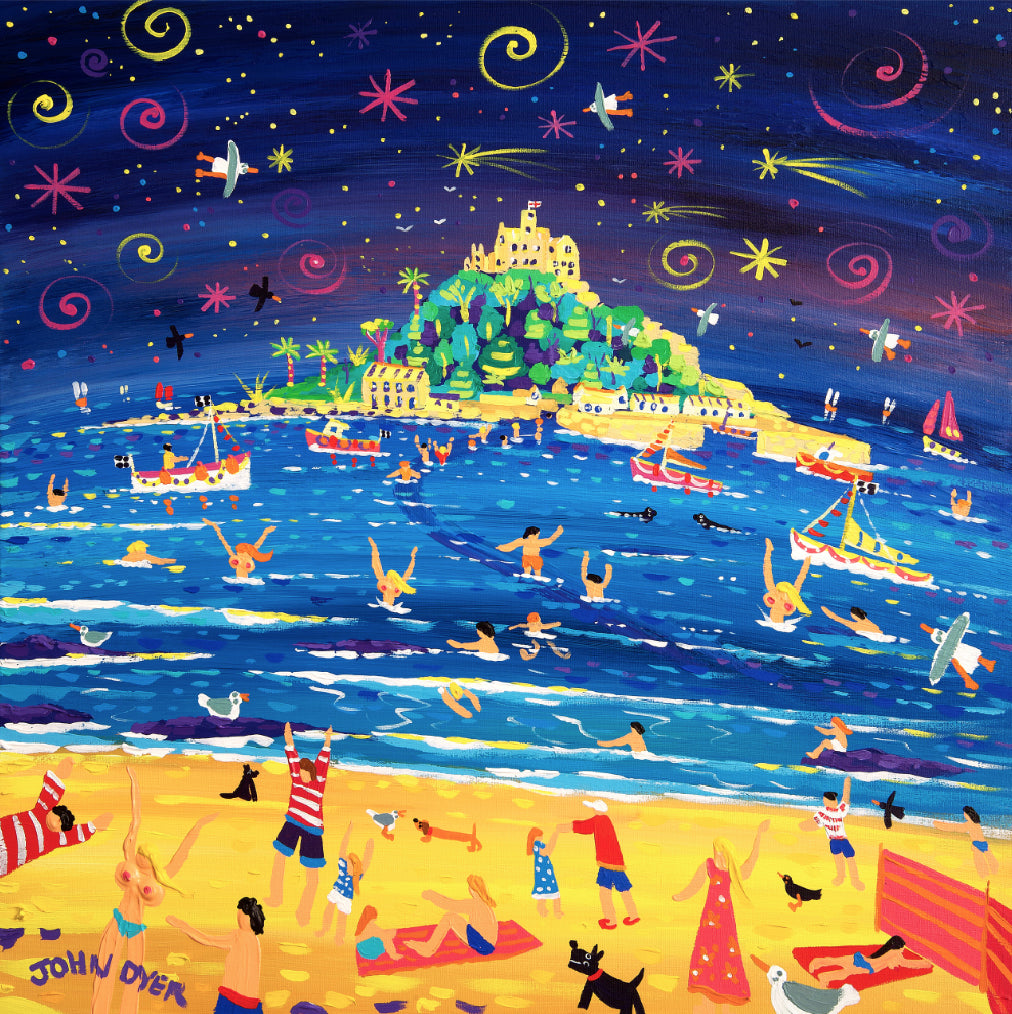 Limited Edition Print by Cornish Artist John Dyer. 'Shooting Stars and Skinny Dippers, St Michael's Mount'. Cornwall Art Gallery Print