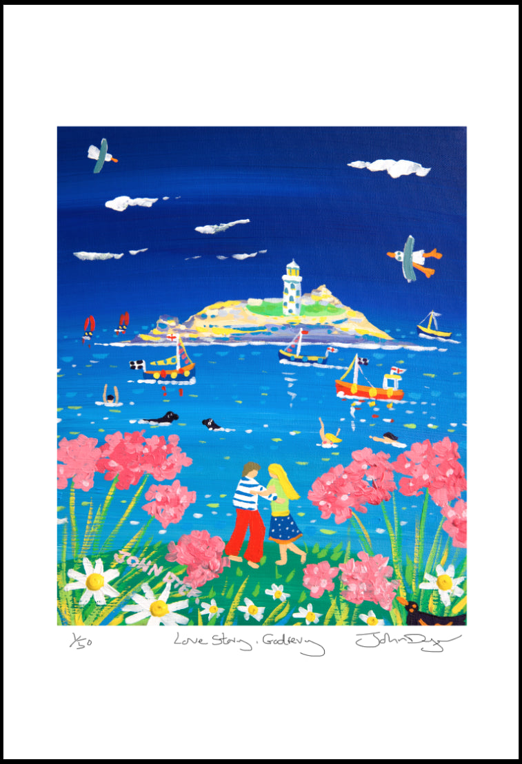 Limited Edition Print by Cornish artist John Dyer. 'Love Story, Godrevy Lighthouse'. Cornwall Art Gallery print