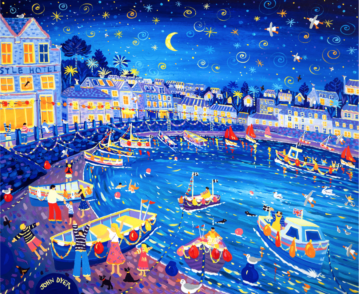 Cornish Art Signed Limited Edition Print by John Dyer. 'Balmy Summer Evening St Mawes'. Cornwall Art Gallery Print