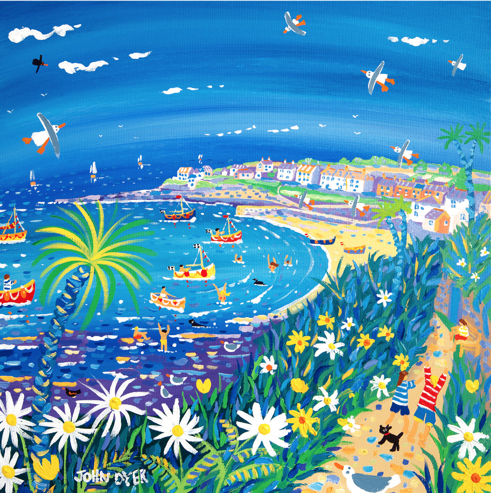Cornish Art Limited Edition Print by Artist John Dyer. 'Running to the Beach, Portscatho'. Cornwall Art Gallery Print
