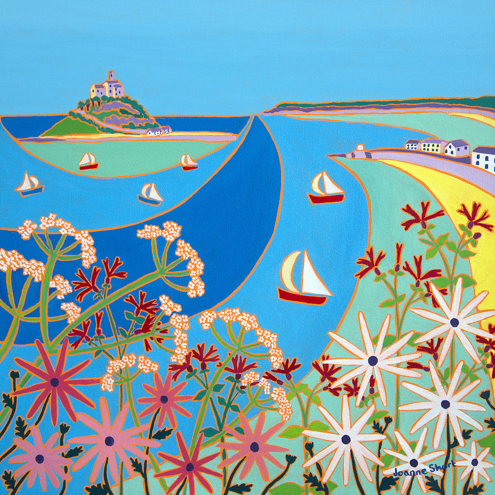 Cornish Art Original Painting by Joanne Short. 'Summer Flowers, Mount's Bay'. 18 x 18 inches oil on canvas. Cornwall Art Gallery