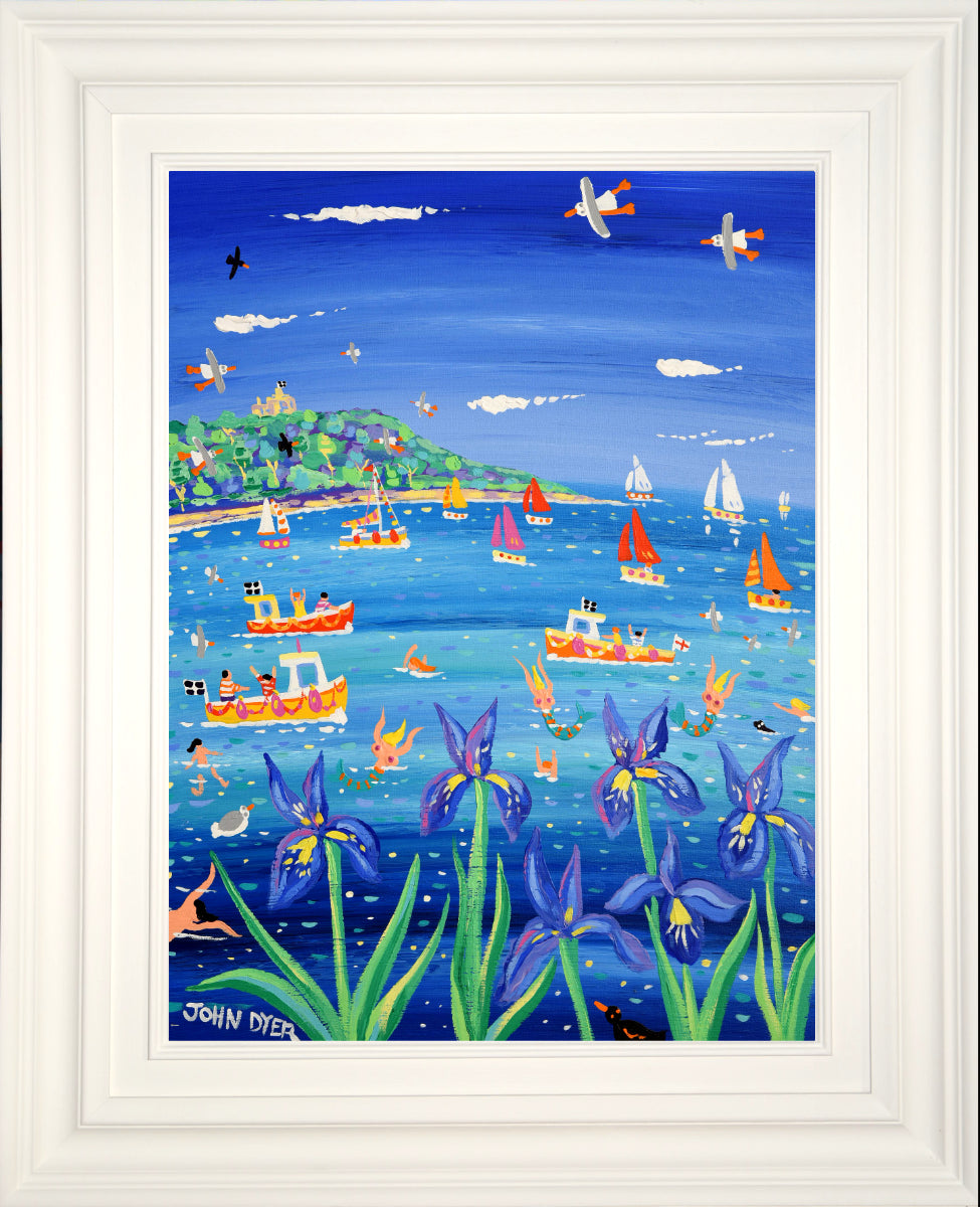 John Dyer Painting. Blue Irises and Mermaids, Castle Beach, Falmouth