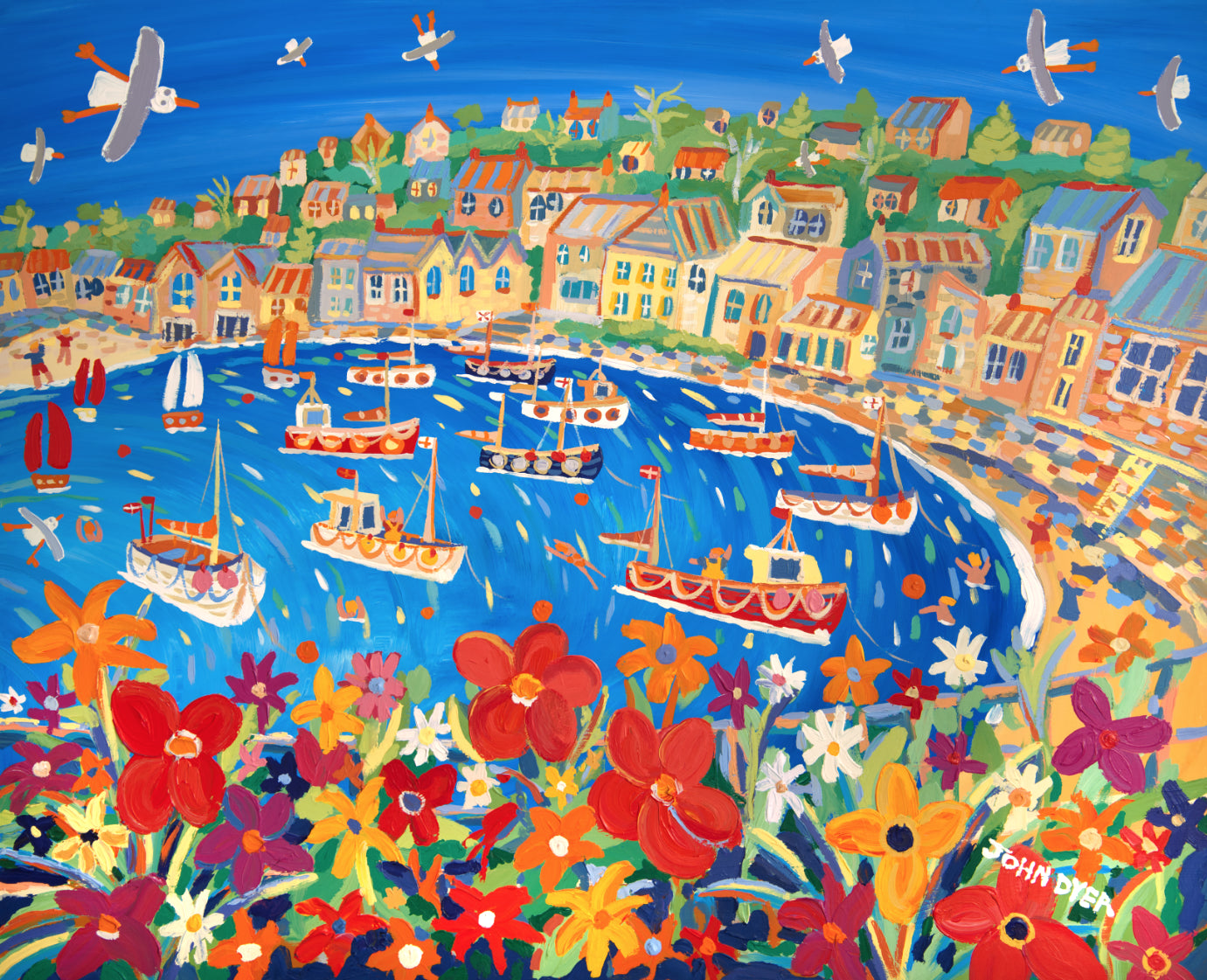 Signed Limited Edition Print by Cornish Artist John Dyer. 'Bright Summer Flowers, Mousehole'. Cornwall Art Gallery Print