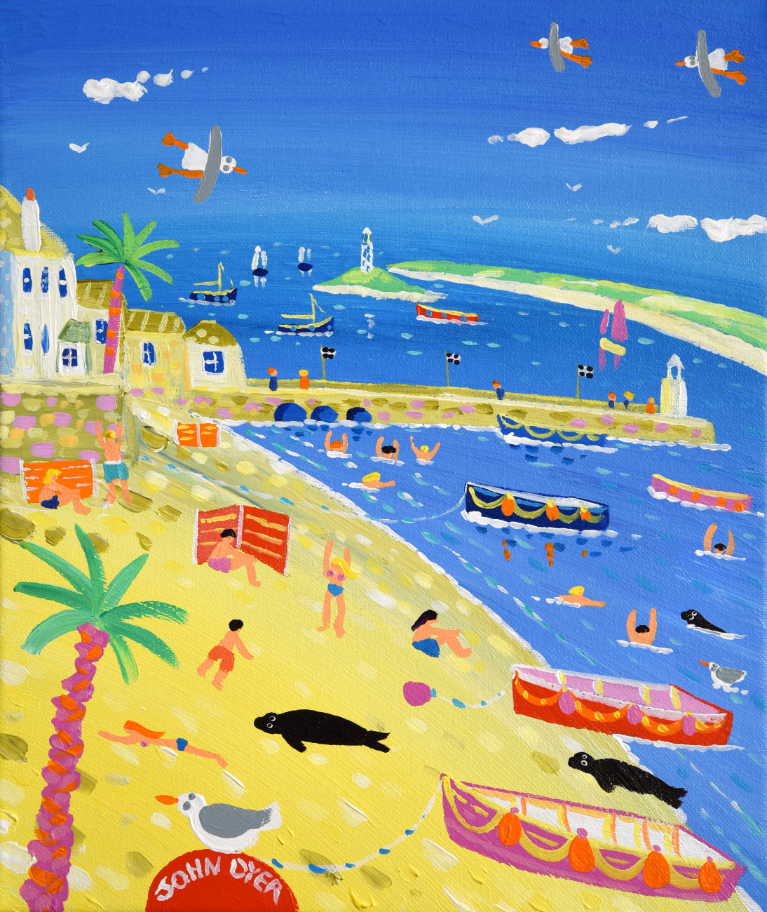 Sea, sun and sand, all captured in this delightful John Dyer painting of St Ives in Cornwall. The artist has combined the view of the harbour with the distant view of Godrevy Lighthouse and Gwithian Sands. Boats are pulled up onto the yellow sand and sleepy seals bask in the warm summer sunshine. Beautiful.